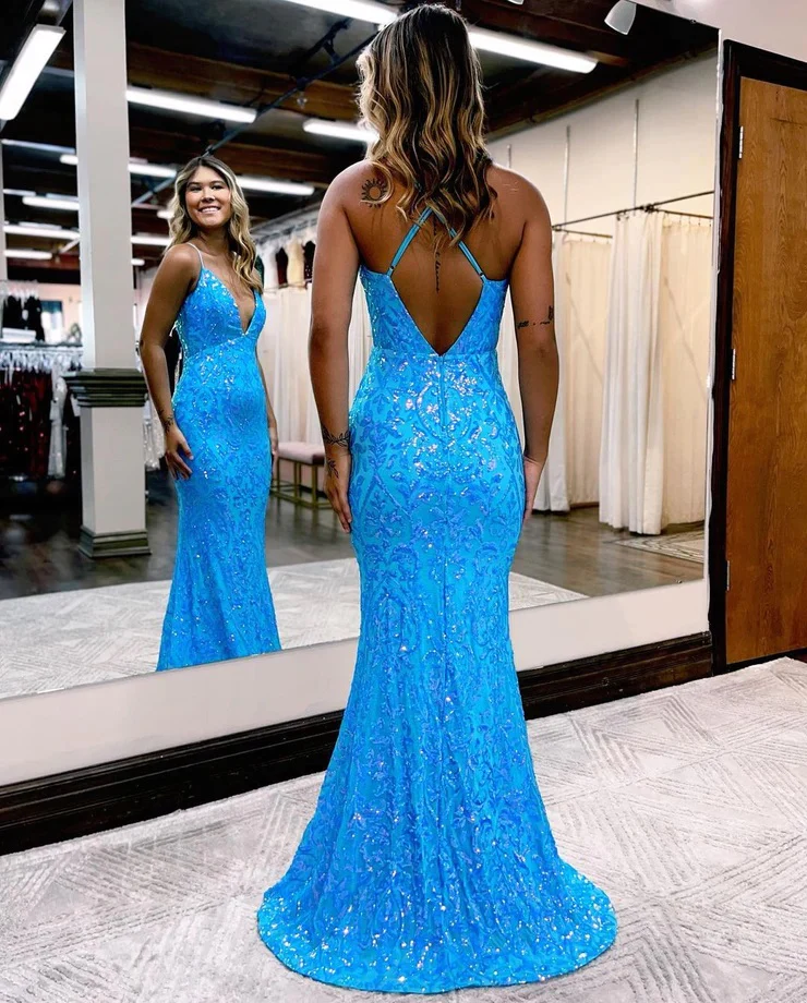 Robe de bal sirène scintillante à paillettes bleues et col en V nv953