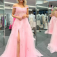 Schulterfreies langes Ballkleid aus rosa Spitze mit hohem Schlitz, formelle Kleider aus rosa Spitze, schulterfreies Abendkleid aus rosa Spitze nv1047