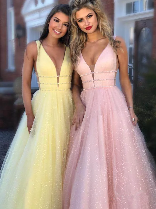 A-Linie, tiefer V-Ausschnitt, Ballkleid, Ballkleid, offener Rücken, weiße Abendkleider, nv209