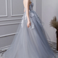 Robe de bal longue en tulle et dentelle grise, robe de soirée en tulle et dentelle grise nv436