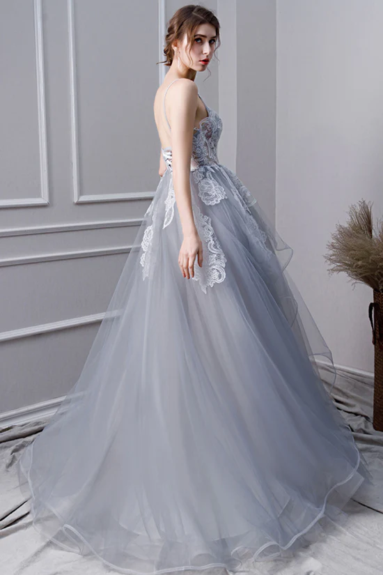 Robe de bal longue en tulle et dentelle grise, robe de soirée en tulle et dentelle grise nv436