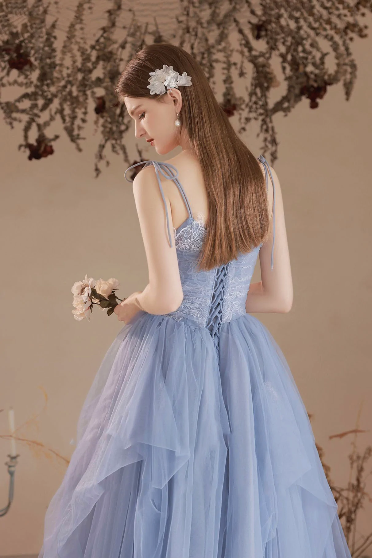 Robe de bal longue en tulle et dentelle bleue à col en V, jolie robe de soirée à bretelles spaghetti nv429