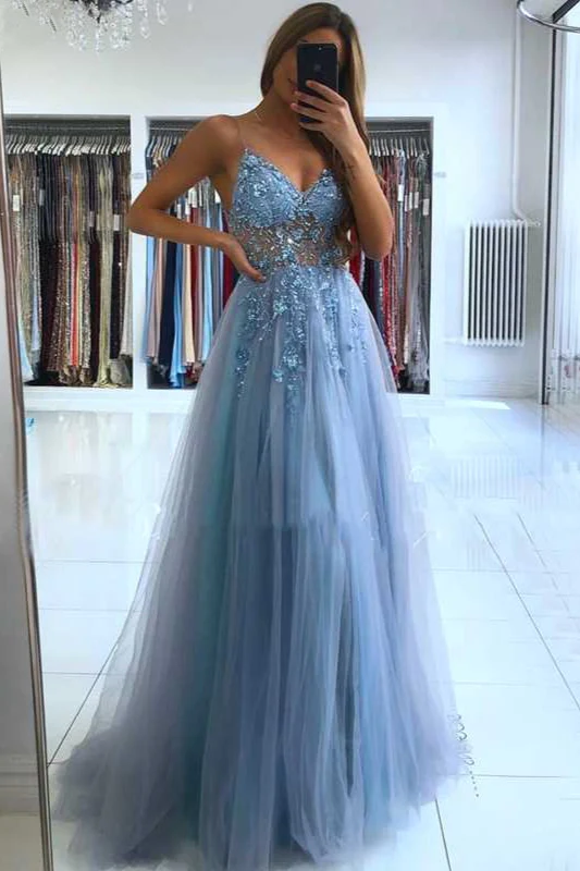 Glamorous v-neck spaghetti-straps tulle prom dress beadings long evening gowns nv155