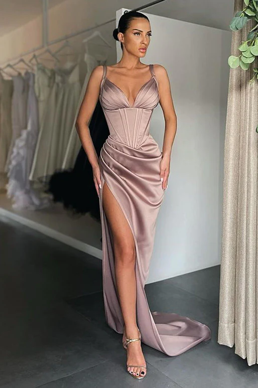 Sexy V-neck High-split Mermaid Ruched Long Prom Dress nv138