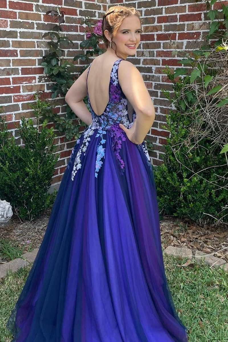 Robe de bal longue dos nu en dentelle florale violette ombrée nv564