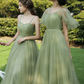 Robe de soirée longue en tulle vert, robe trapèze nv553