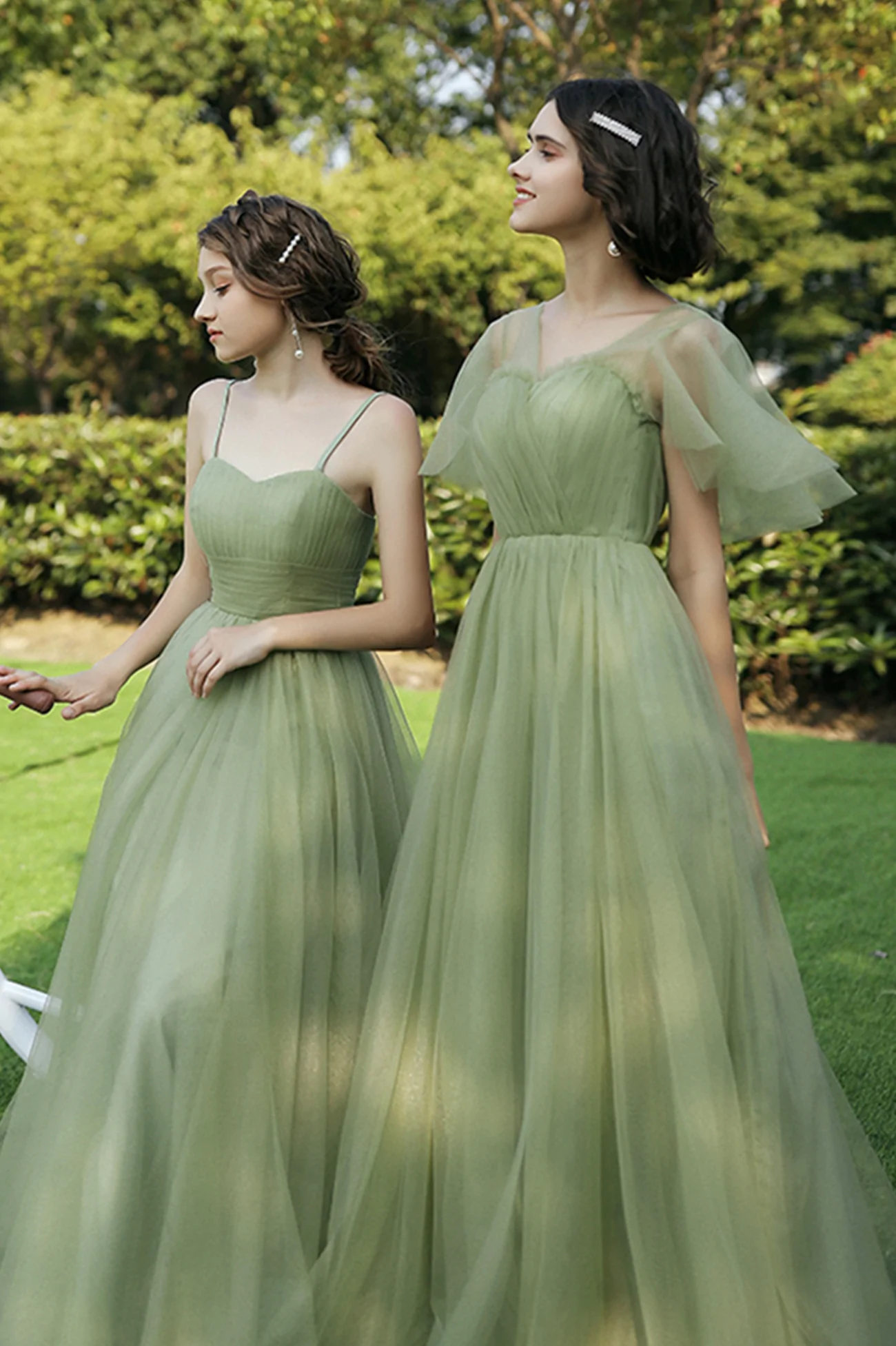 Robe de soirée longue en tulle vert, robe trapèze nv553