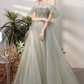 Grünes, langes Ballkleid aus Tüll mit Perlen, A-Linie, formelles Abendkleid nv452