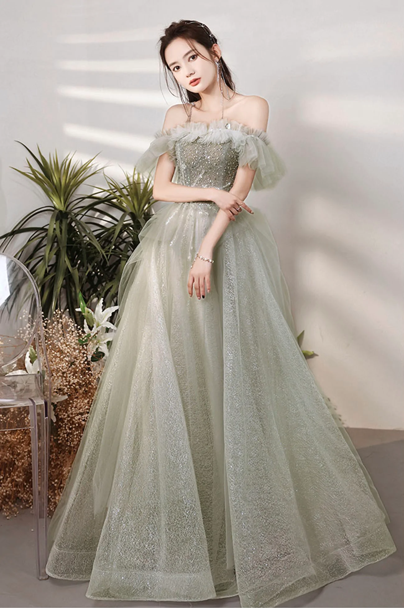 Grünes, langes Ballkleid aus Tüll mit Perlen, A-Linie, formelles Abendkleid nv452