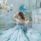 Robe de bal en tulle bleu clair sans bretelles avec volants, robe de soirée nv215