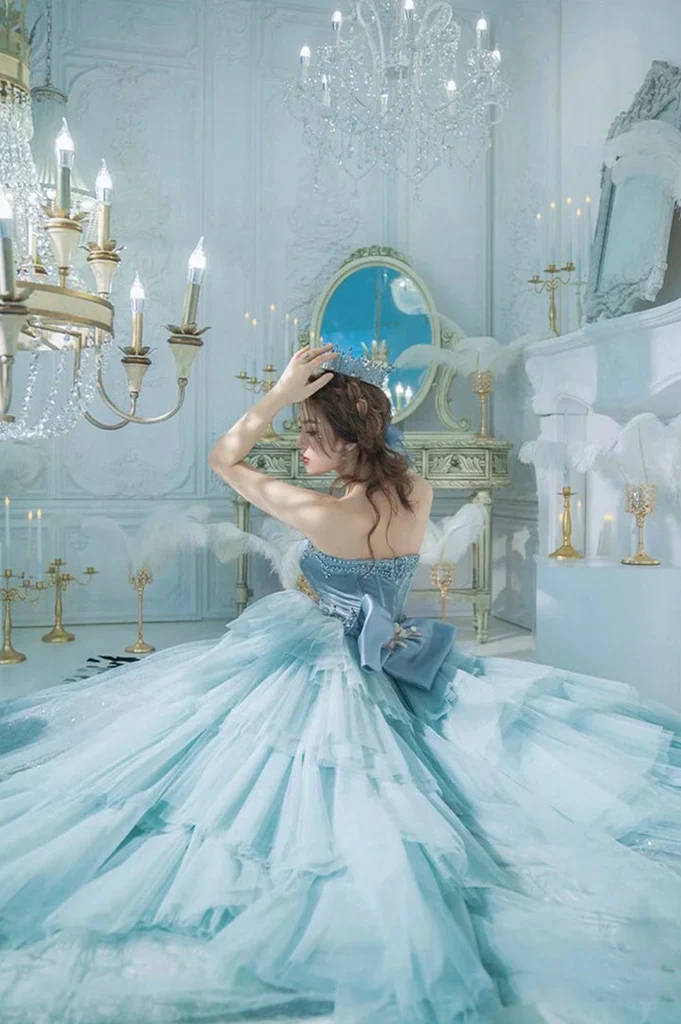 Robe de bal en tulle bleu clair sans bretelles avec volants, robe de soirée nv215