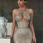 Neckholder-Pailletten-Meerjungfrau-Ballkleid ärmellos mit Schlitz nv177