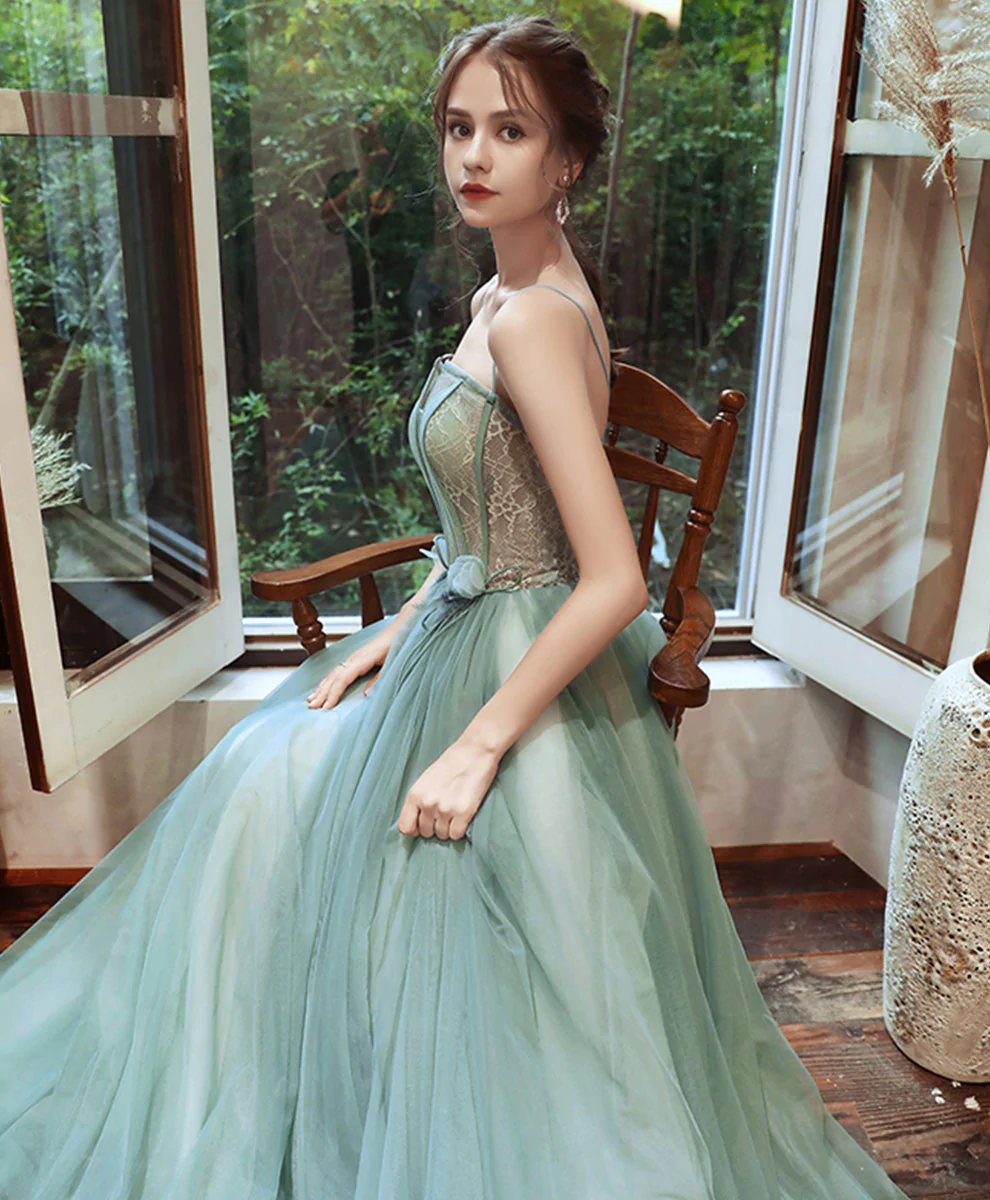 Grünes langes Ballkleid aus Tüllspitze Grünes formelles Spitzenkleid aus Tüll nv543