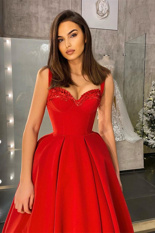 Robe de bal rouge mi-longue à décolleté en cœur avec bretelles à paillettes nv570