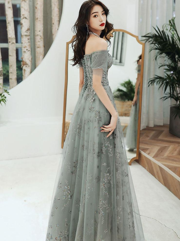 Robe de soirée verte à épaules dénudées et en dentelle, robe longue de soirée trapèze nv450