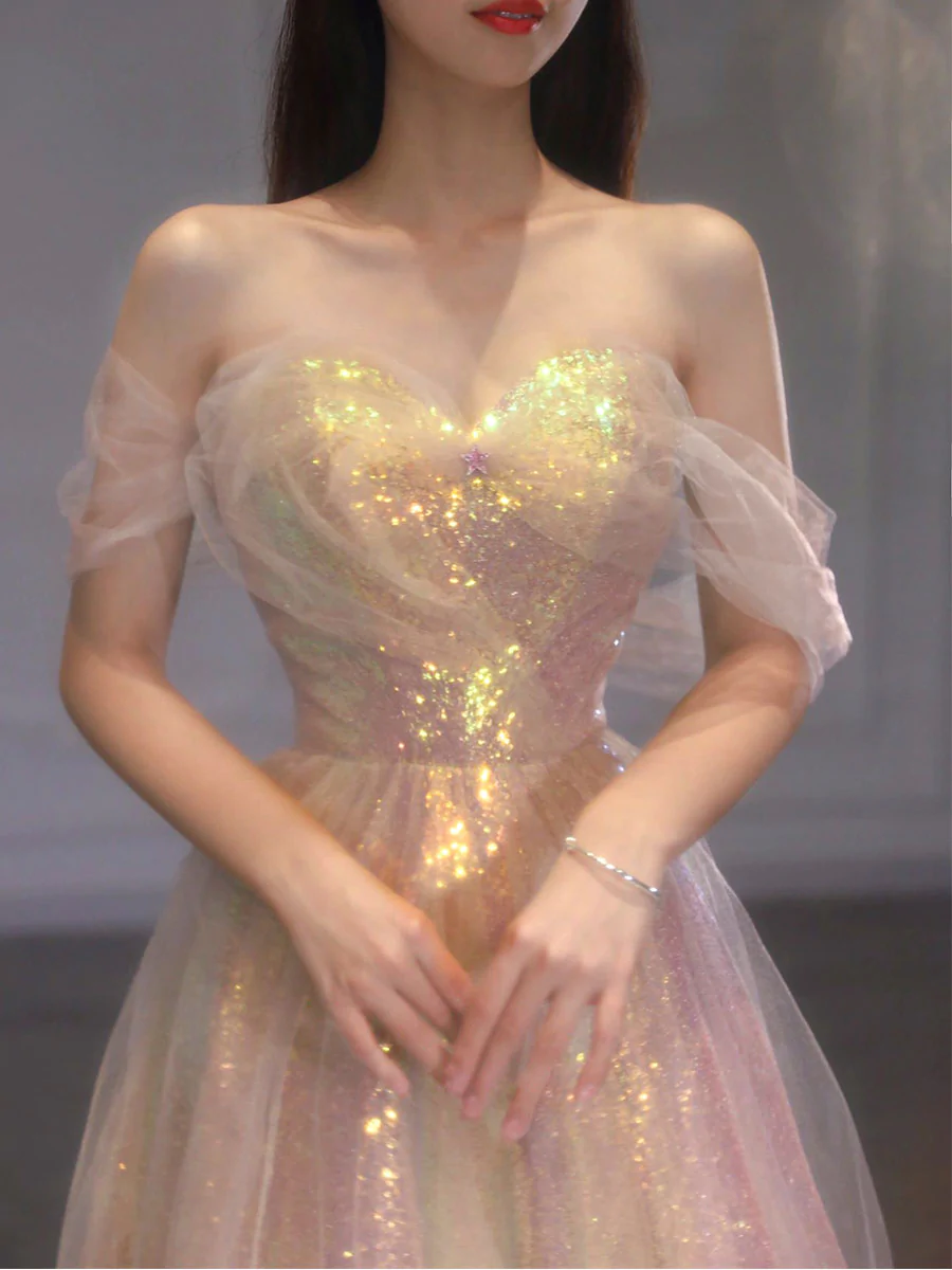 A-Linie Tüll Pailletten Langes Ballkleid, Schulterfreies formelles Abschlusskleid nv425