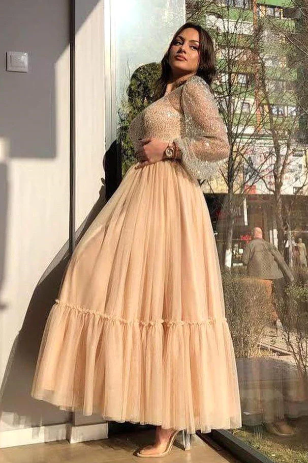 ROBE DE BAL À PAILLETTES À MANCHES LONGUES ET À BIJOUX, LONGUE CHEVILLE, MULTICOUCHE, nv571