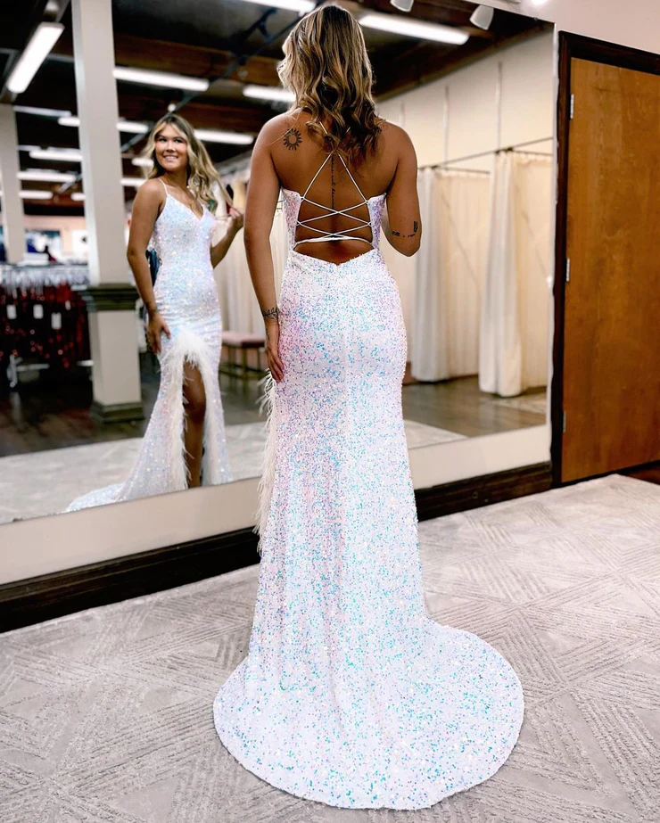 Sparkly Mermaid V Neck Royal Blue Sequins Long Prom Dresses with Slit nv465