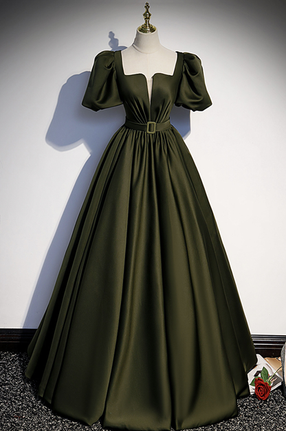 LANGES ABENDKLEID AUS GRÜNEM SATIN, A-LINIE, nv390