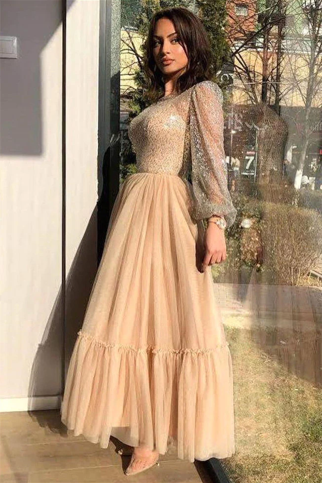 ROBE DE BAL À PAILLETTES À MANCHES LONGUES ET À BIJOUX, LONGUE CHEVILLE, MULTICOUCHE, nv571