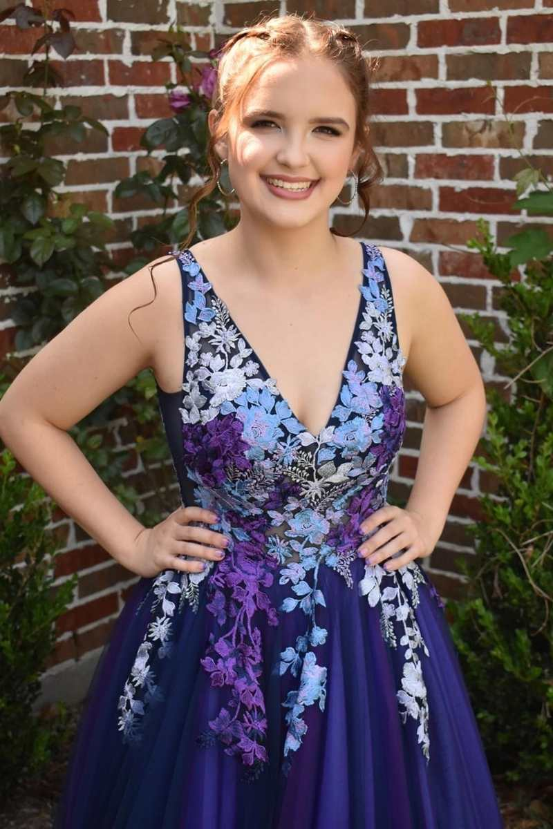 Robe de bal longue dos nu en dentelle florale violette ombrée nv564