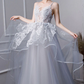 Robe de bal longue en tulle et dentelle grise, robe de soirée en tulle et dentelle grise nv436