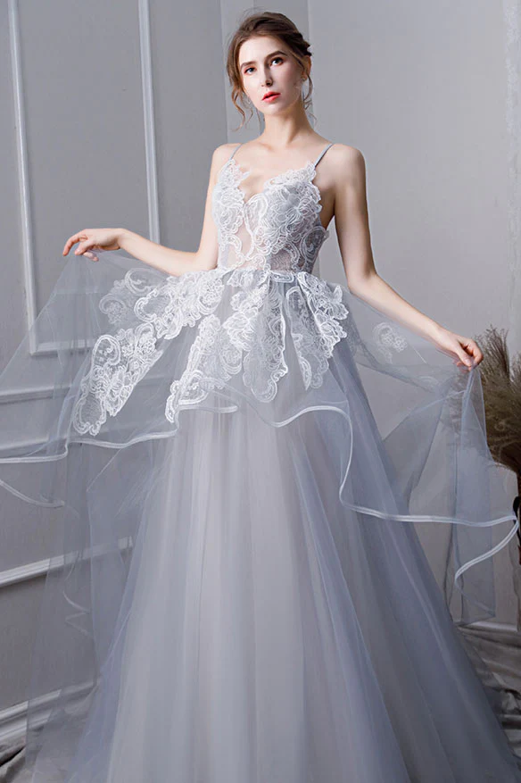 Robe de bal longue en tulle et dentelle grise, robe de soirée en tulle et dentelle grise nv436
