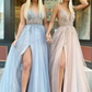 Glamouröses Ballkleid aus Tüll mit V-Ausschnitt, Spaghettiträgern und Perlenverzierung, langes Abendkleid NV155