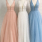 A-Linie, tiefer V-Ausschnitt, Ballkleid, Ballkleid, offener Rücken, weiße Abendkleider, nv209