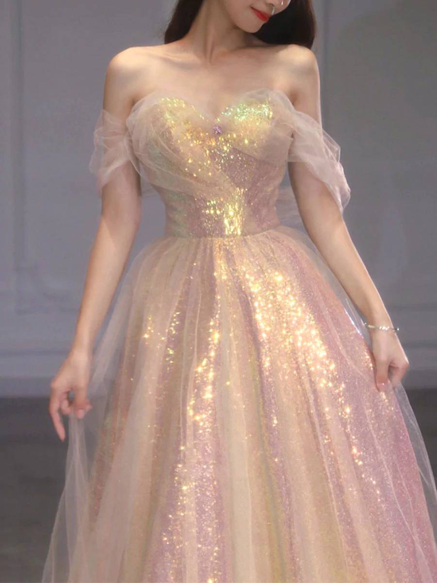 A-Linie Tüll Pailletten Langes Ballkleid, Schulterfreies formelles Abschlusskleid nv425