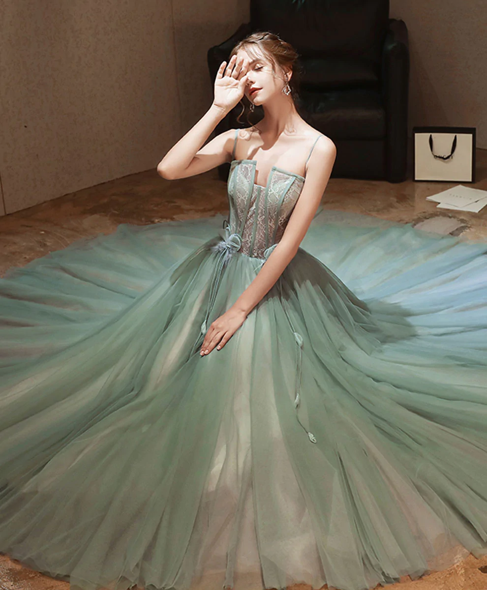 Grünes langes Ballkleid aus Tüllspitze Grünes formelles Spitzenkleid aus Tüll nv543