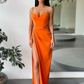 Robe de bal longue à bretelles spaghetti et fente haute vert forêt nv148