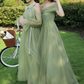 Robe de soirée longue en tulle vert, robe trapèze nv553