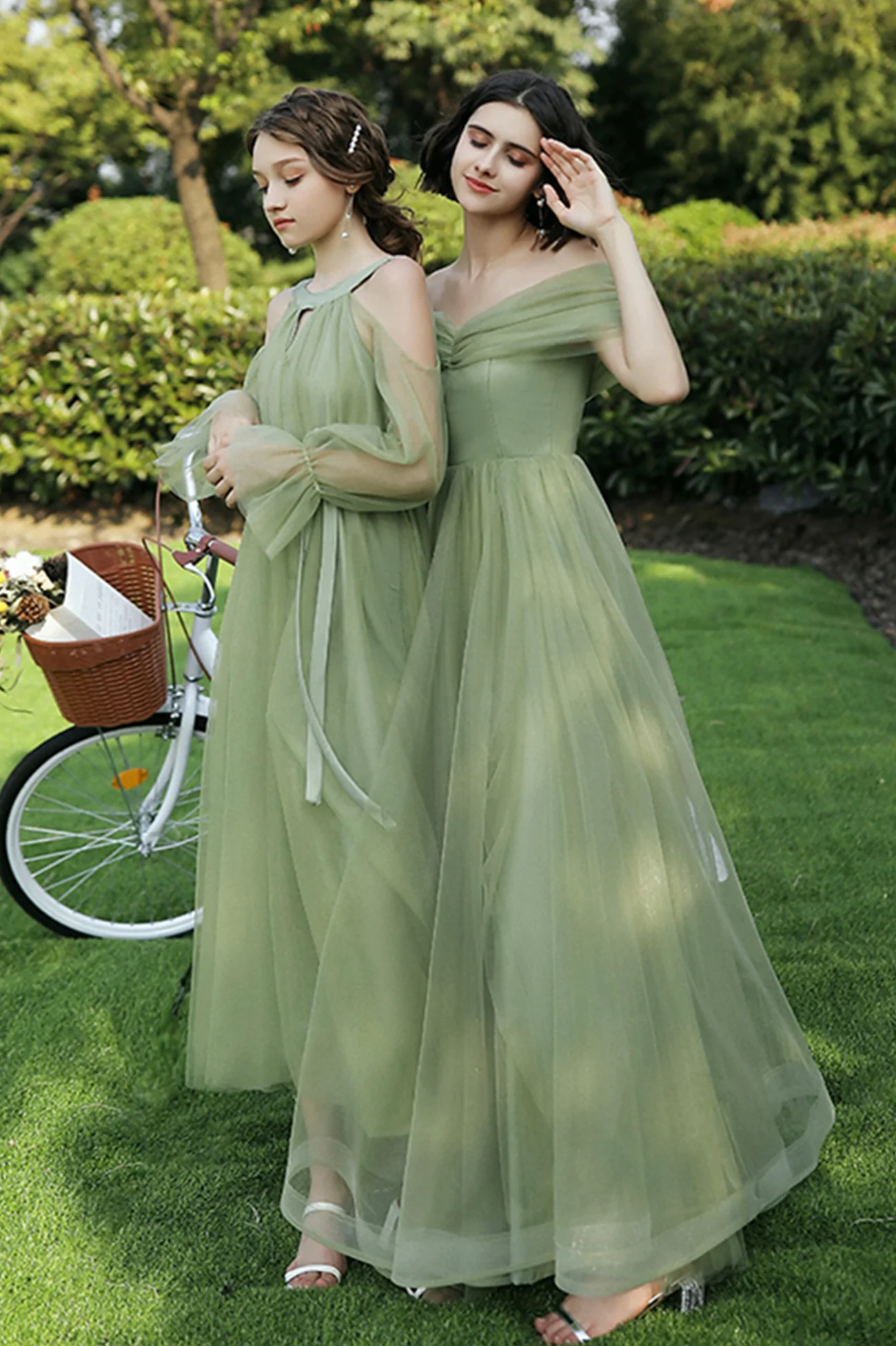 Robe de soirée longue en tulle vert, robe trapèze nv553