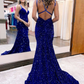 Blaues schillerndes langes Ballkleid im Meerjungfrauen-Stil mit V-Ausschnitt und überkreuztem Rücken nv567