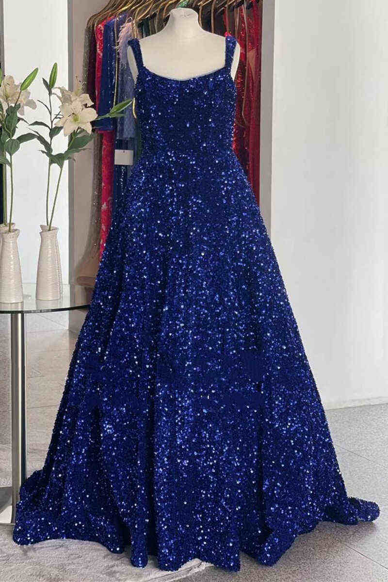 Straps Grape Square Neck Sequins Prom Dress with Pockets nv262