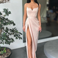 Robe de bal longue à bretelles spaghetti et fente haute vert forêt nv148