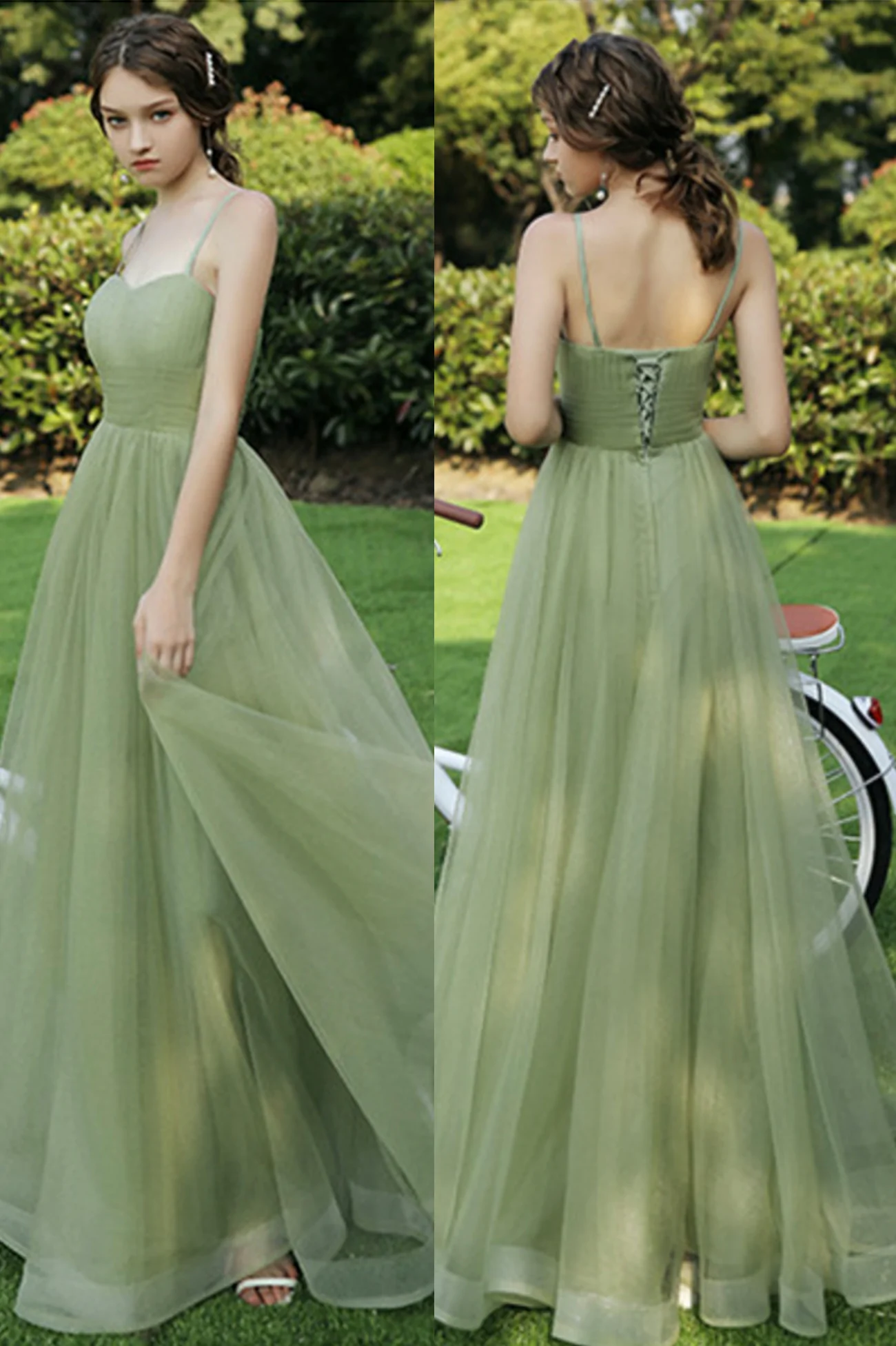 Robe de soirée longue en tulle vert, robe trapèze nv553