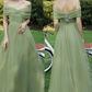Robe de soirée longue en tulle vert, robe trapèze nv553