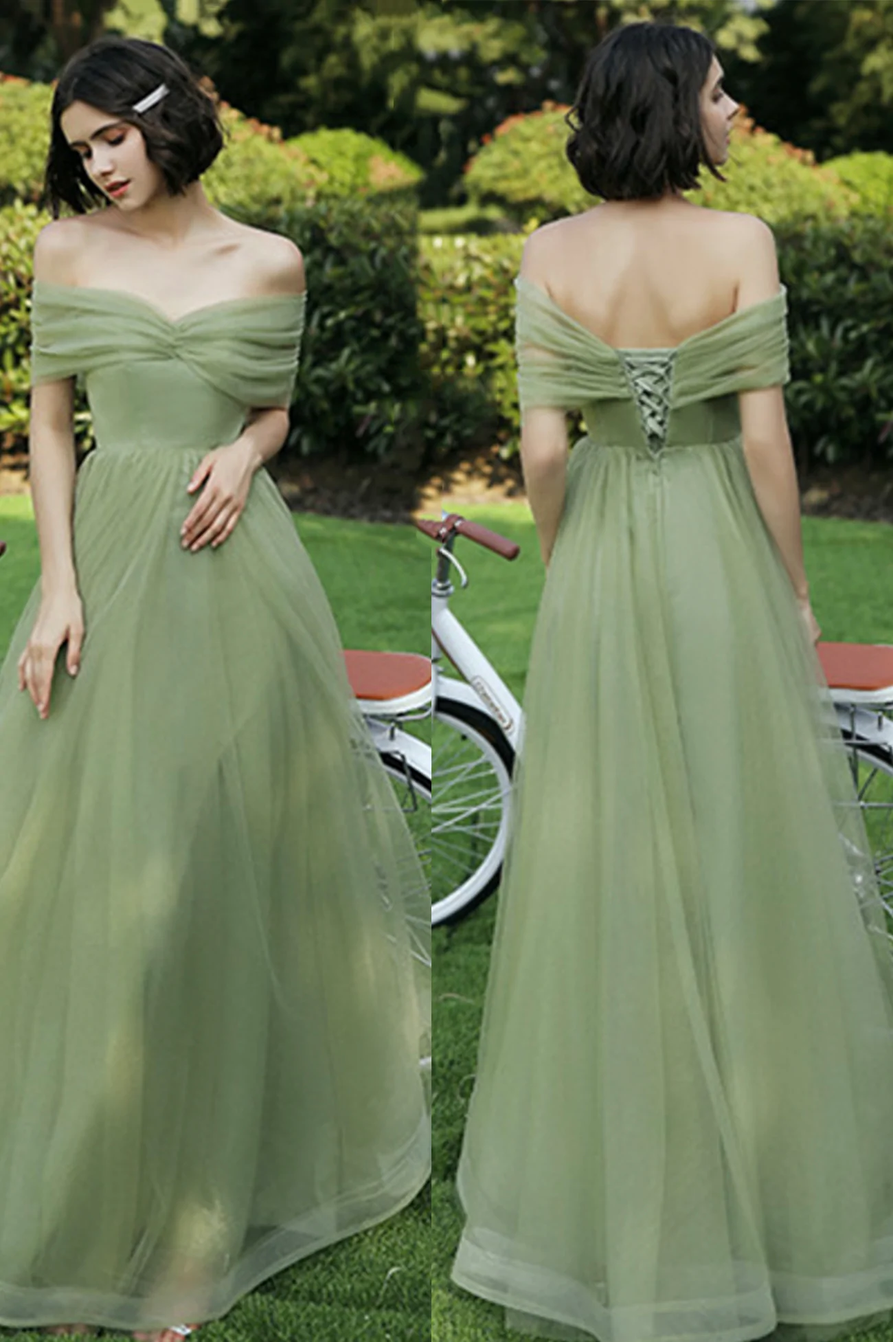 Robe de soirée longue en tulle vert, robe trapèze nv553