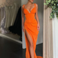 Robe de bal longue sexy à col en V et fente haute style sirène froncée nv138