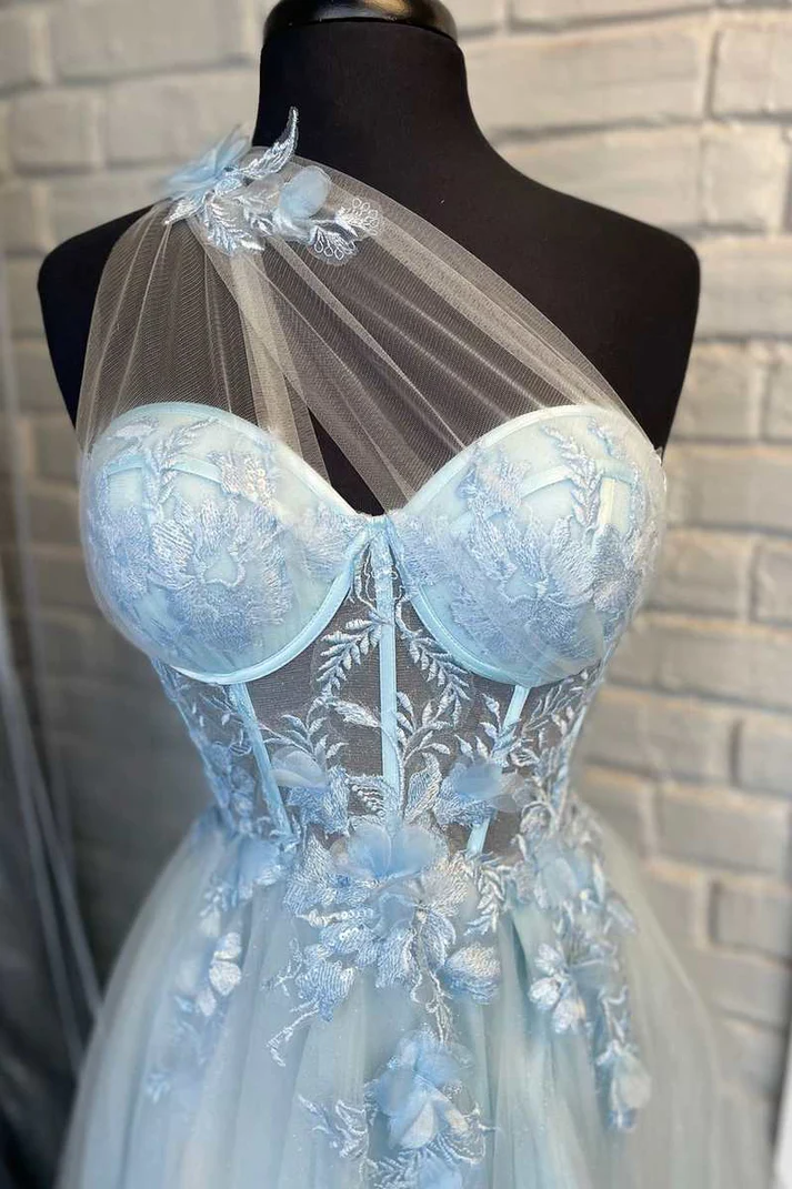 Märchenhaftes hellblaues A-Linien-Ballkleid mit herzförmigem Ausschnitt und 3D-Blumenspitze nv818