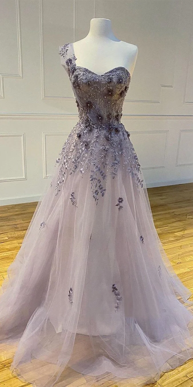 One Shoulder Long A-line Lace Appliques Beaded Prom Dresses nv820