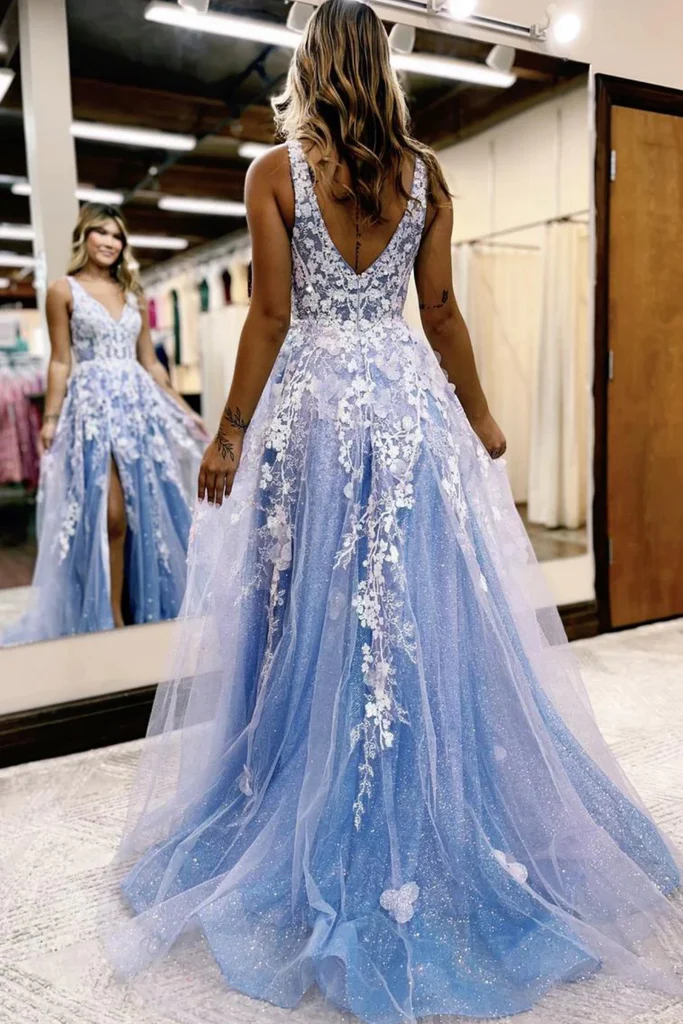 Robe de soirée longue en tulle bleu brillant à col en V et dentelle blanche avec fente haute, robe de soirée formelle bleue nv998
