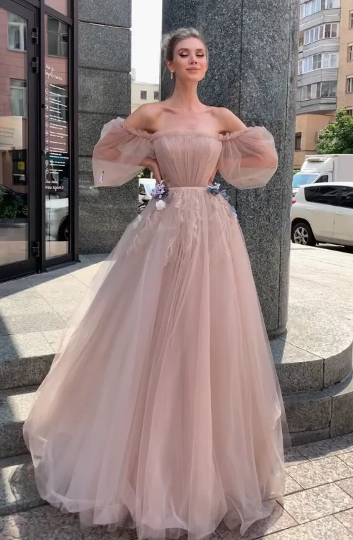 Robe de bal longue en tulle rose nv1052
