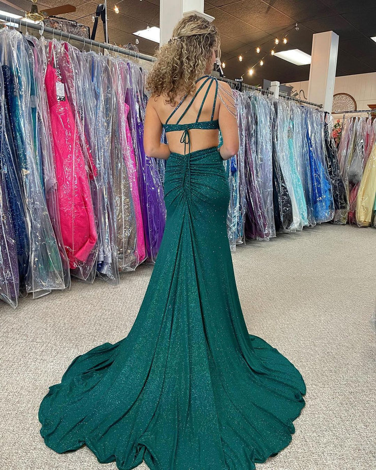 Superbe robe de bal sirène à une épaule vert foncé avec perles nv824
