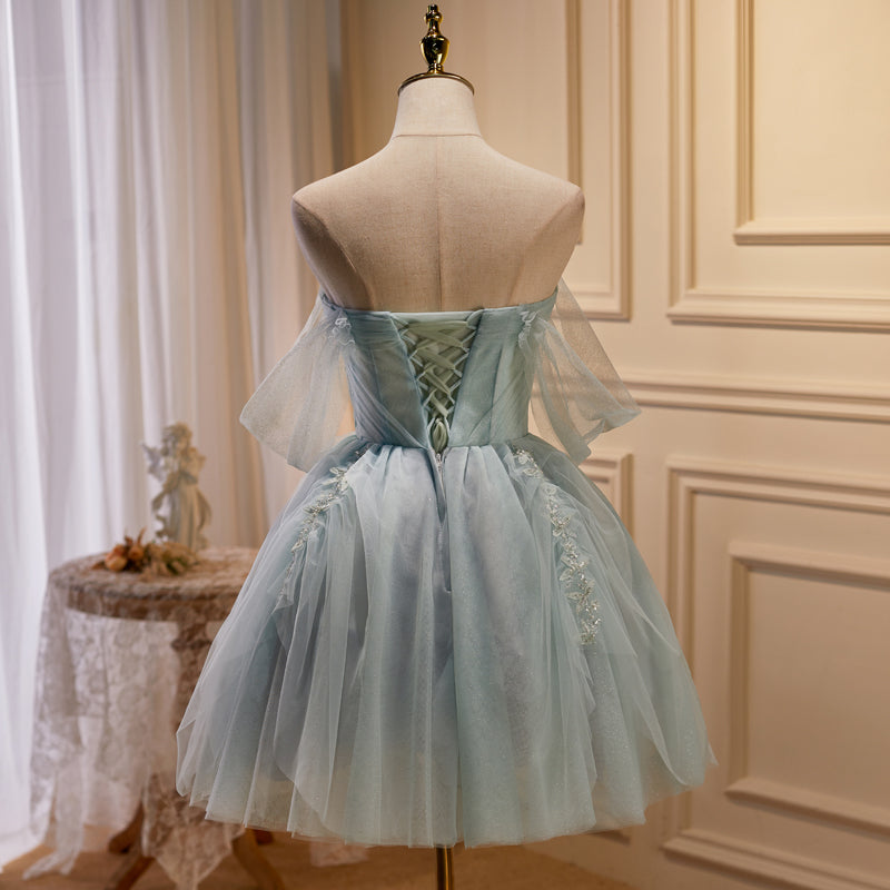 Süßes kurzes A-Linien-Ballkleid aus Tüll mit Perlenbesatz nv557