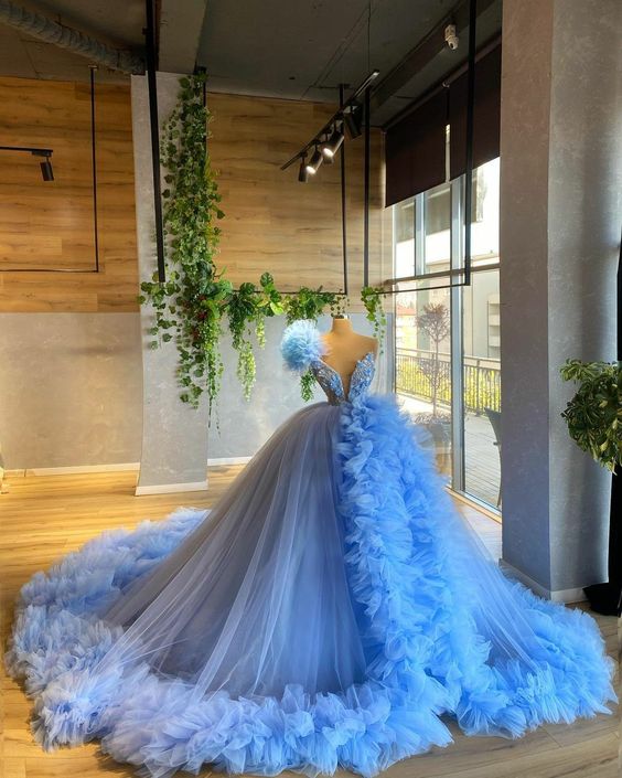 Blue gorgeous elegant long ball gown evening dress women's party dress coming of age ceremony dress nv29