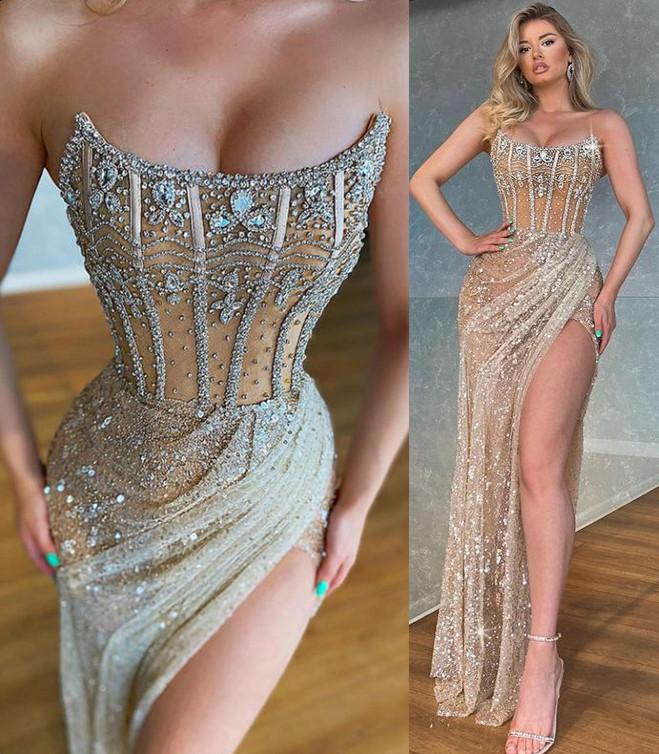 Luxury sexy sequin ball gown beaded crystal high slit prom dress evening formal party dress nv100