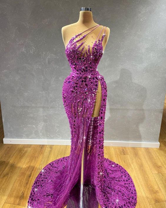 Robe de soirée longue perlée de luxe rose violet magnifique robe de bal unique nv35